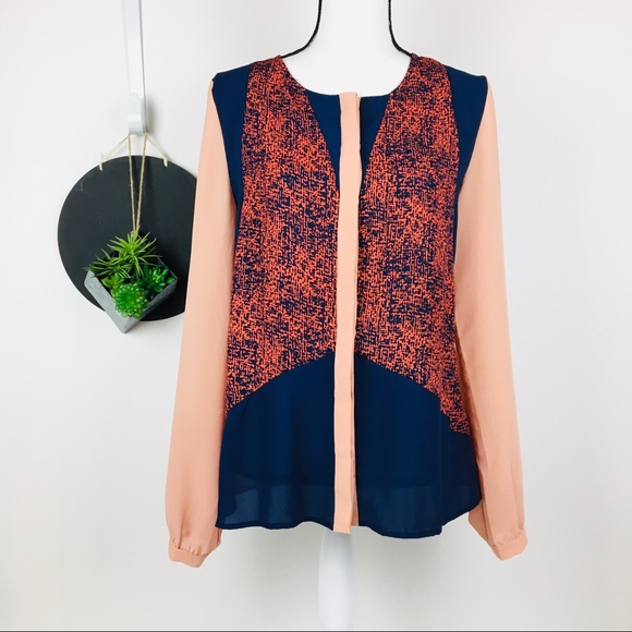 Esley Orange Navy Apricot button up blouse - Picture 1 of 8